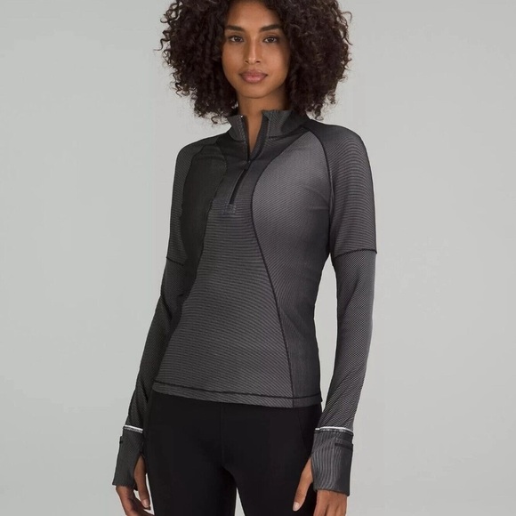 Lululemon Two-tone Ribbed Running Half Zip Black Gray  size M - Picture 1 of 11